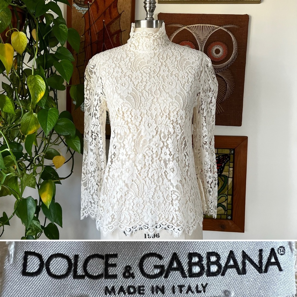 Dolce & Gabbana Ivory Lace Mock Neck Top, Size Small to Medium